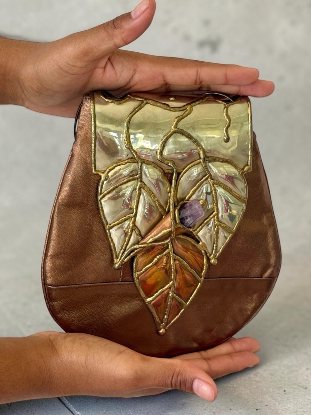 Vtg 70s Brutalist Sculptural Brass Copper Pewter Gemstone Leather Crossbody Bag